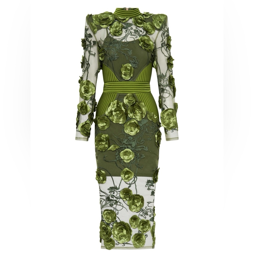 ZHIVAGO Battle Lines Floral-Embellished Vendetta Dress in Green